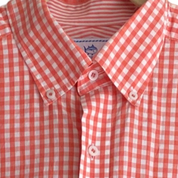 Southern Tide Gingham Contrast Cuff Button Up Shirt Coral Preppy Coastal-M - Picture 7 of 13